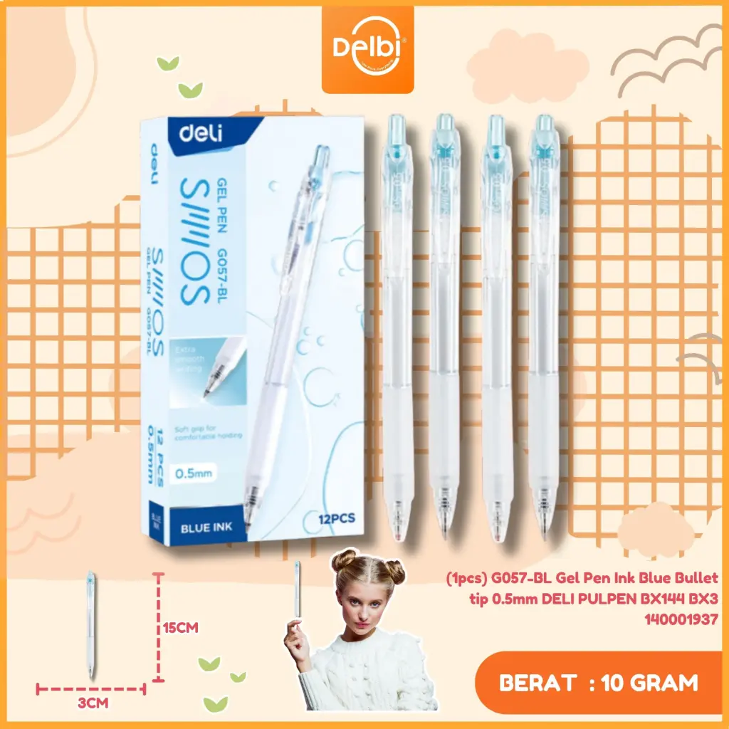 [140001937] (1pcs) G057-BL Gel Pen Ink Blue Bullet tip 0.5mm DELI PULPEN BX144 BX3