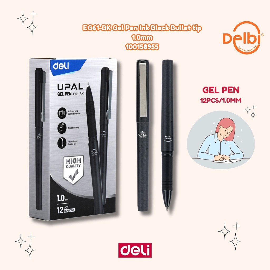 EG61-BK Gel Pen Ink Black Bullet tip 1.0mm DELI PULPEN TINTA HITAM BX144