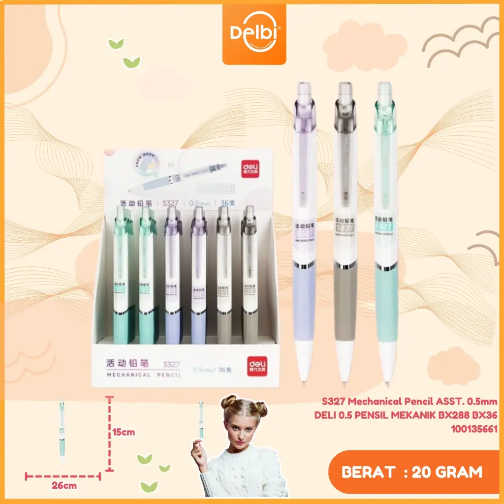 S327 Mechanical Pencil ASST. 0.5mm DELI 0.5 PENSIL MEKANIK BX288 BX36