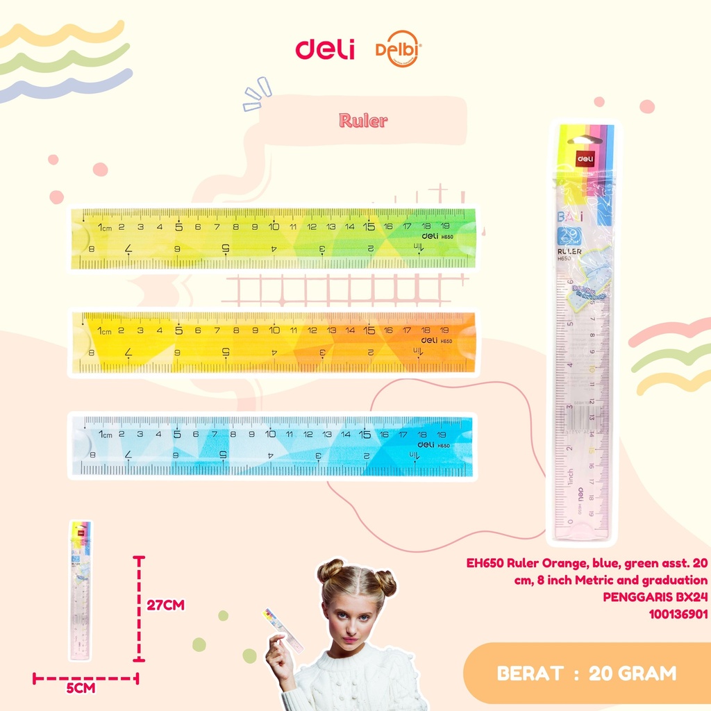 [100136901] EH650 Ruler Orange, blue, green asst. 20 cm, 8 inch Metric and graduation PENGGARIS BX24