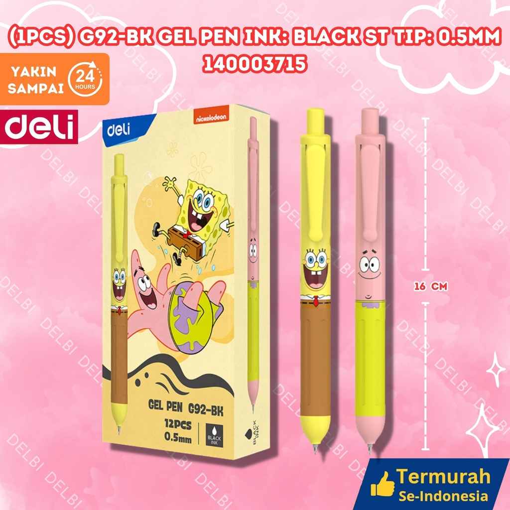 (1pcs) G92-BK Gel Pen Ink Black ST tip 0.5mm DELI PULPEN SPONGEBOB 0.5 BX144 BX3 BX12