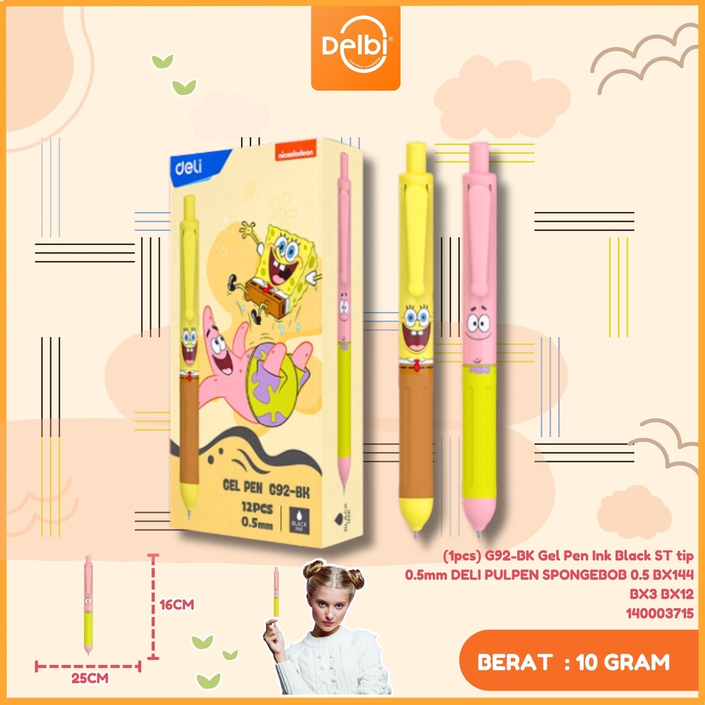 (1pcs) G92-BK Gel Pen Ink Black ST tip 0.5mm DELI PULPEN SPONGEBOB 0.5 BX144 BX3 BX12