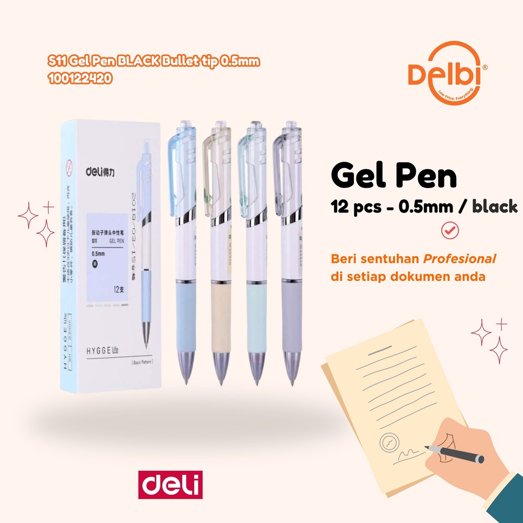 DELI S11 Gel Pen BLACK Bullet tip 0.5mm BX144