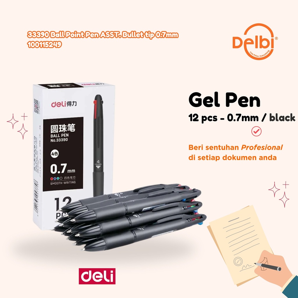 DELI 33390 Ball Point Pen ASST. Bullet tip 0.7mm BX144