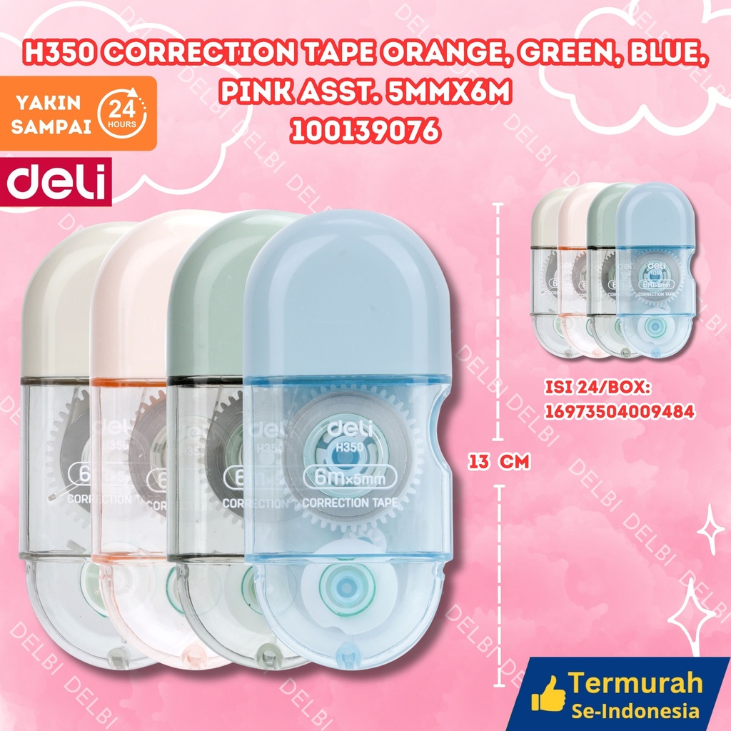 H350 Correction Tape Orange, green, blue, pink asst. 5mmx6m DELI BLUE ORANGE GREEN TIPEX KERTAS BX24