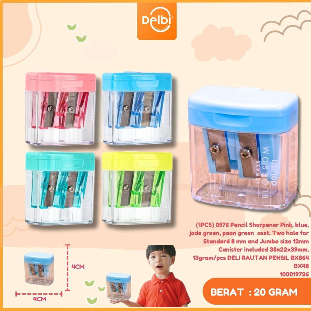 (1PCS) 0576 Pencil Sharpener Pink, blue, jade green, pean green  asst. Two hole for Standard 8 mm and Jumbo size 12mm Canister included 38x22x39mm, 13gram/pcs DELI RAUTAN PENSIL BX864 BX48