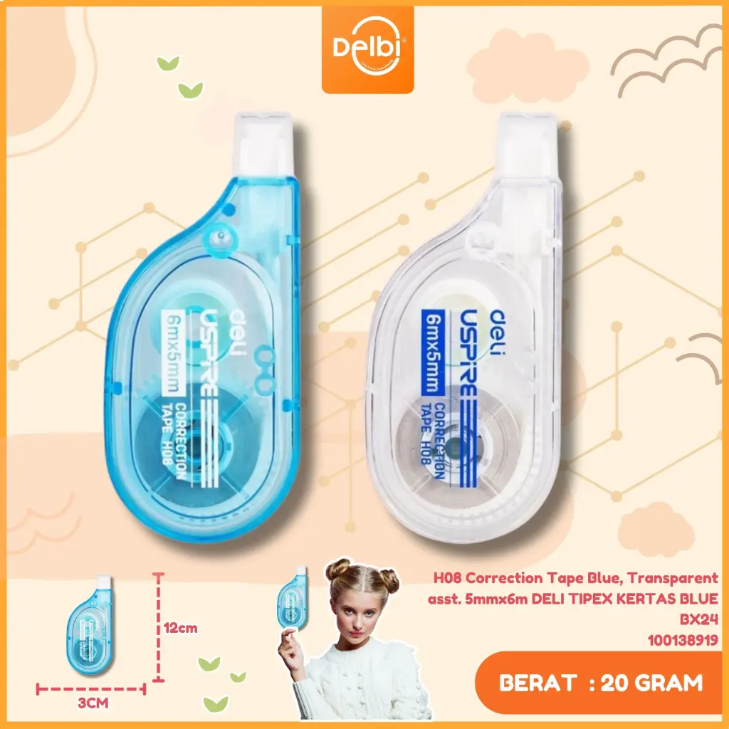 [100138919] H08 Correction Tape Blue, Transparent asst. 5mmx6m DELI TIPEX KERTAS BLUE  BX24
