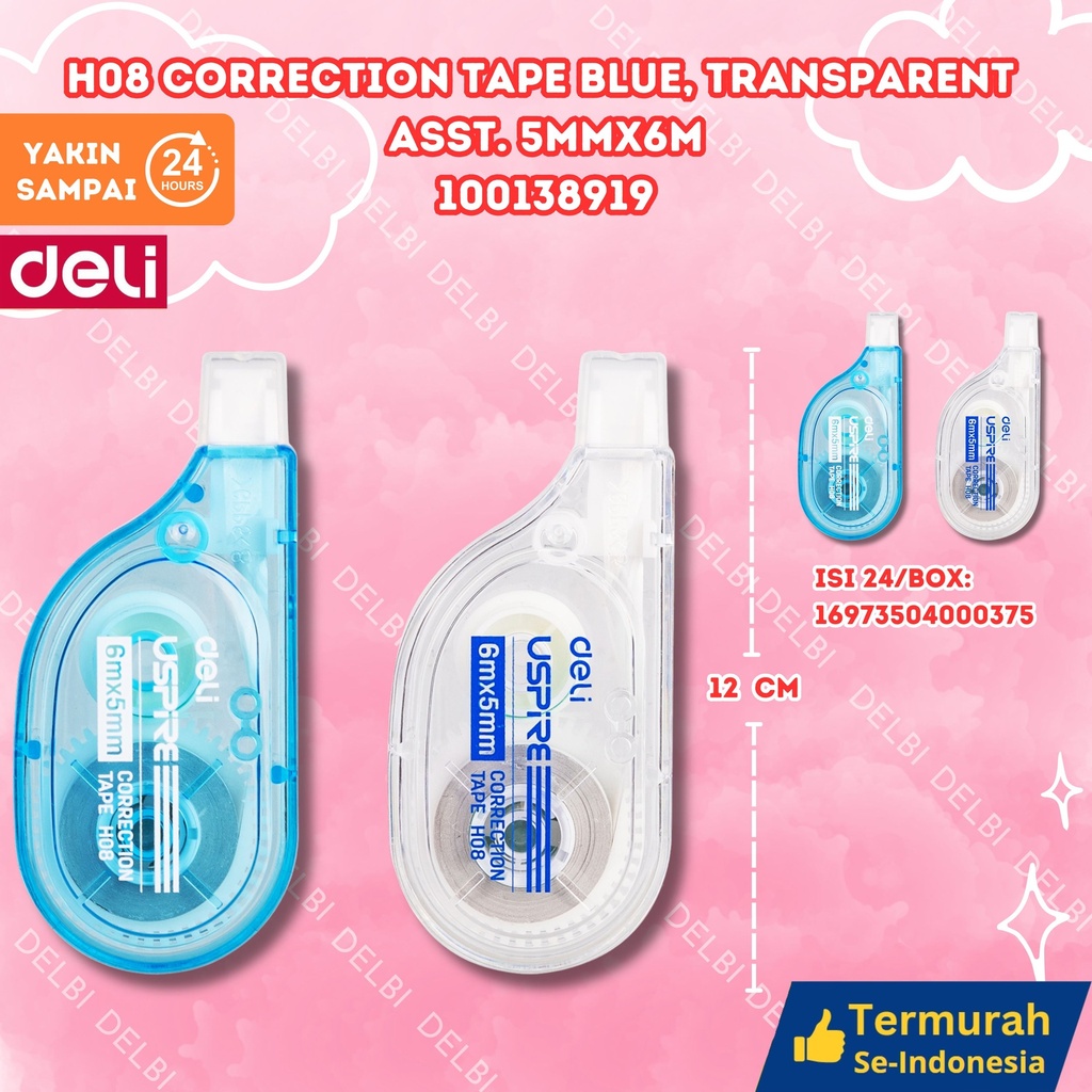 H08 Correction Tape Blue, Transparent asst. 5mmx6m DELI TIPEX KERTAS BLUE  BX24