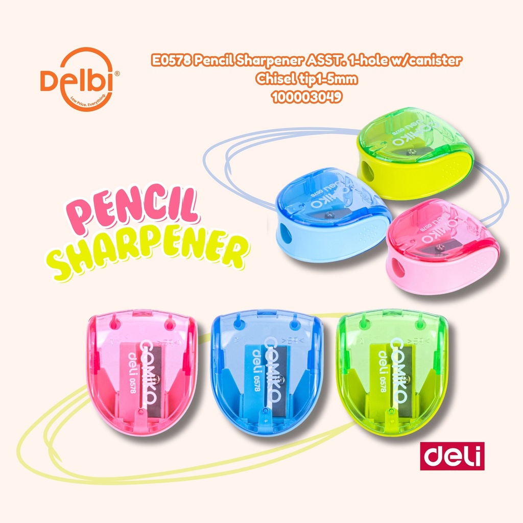 DELI E0578 Pencil Sharpener ASST. 1-hole w/canister RAUTAN PENSIL BX24