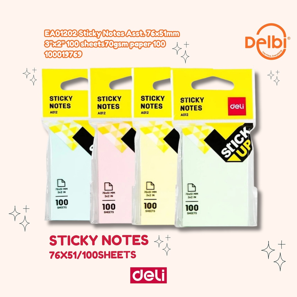 DELI EA01202 Sticky Notes Asst. 76x51mm 3''x2'' 100 sheets70gsm paper sheets BX12