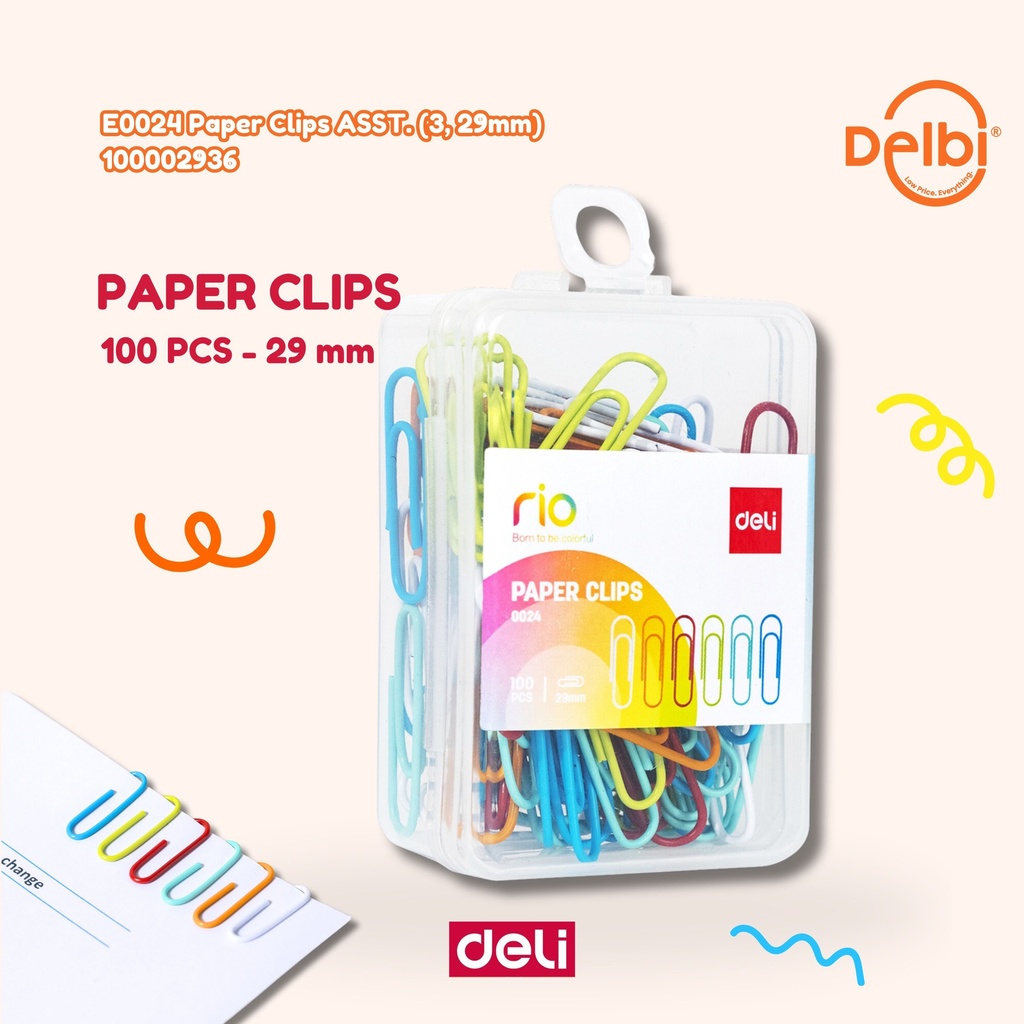 E0024 Paper Clips ASST. (3, 29mm DELI PENJEPIT KERTAS CLIP WARNA WARNI BX10 BX400