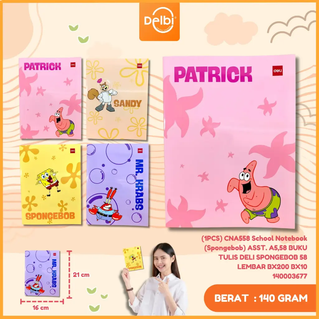 [140003677] (1PCS) CNA558 School Notebook (Spongebob) ASST. A5,58 BUKU TULIS DELI SPONGEBOB 58 LEMBAR BX200 BX10