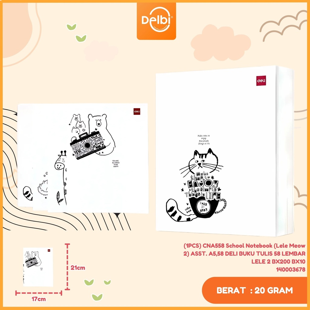 (1PCS) CNA558 School Notebook (Lele Meow 2) ASST. A5,58 DELI BUKU TULIS 58 LEMBAR LELE 2 BX200 BX10