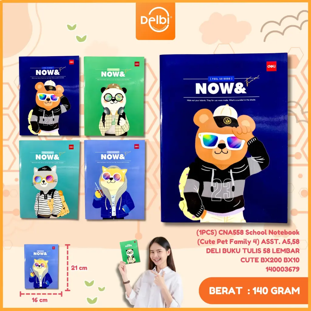 [140003679] (1PCS) CNA558 School Notebook (Cute Pet Family 4) ASST. A5,58 DELI BUKU TULIS 58 LEMBAR CUTE BX200 BX10