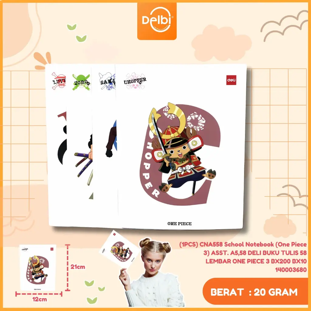 [140003680] (1PCS) CNA558 School Notebook (One Piece 3) ASST. A5,58 DELI BUKU TULIS 58 LEMBAR ONE 3 BX200 BX10