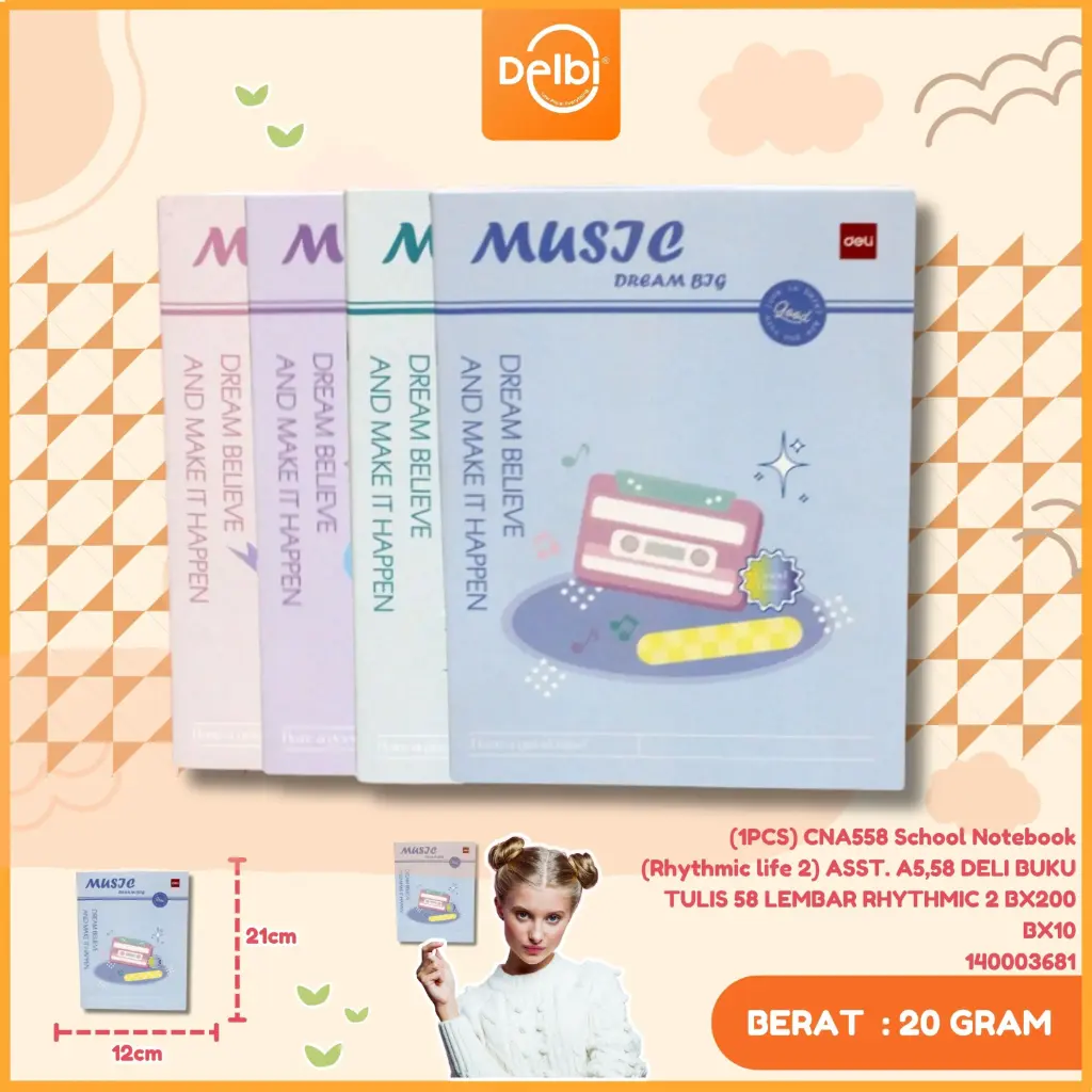 [140003681] (1PCS) CNA558 School Notebook (Rhythmic life 2) ASST. A5,58 DELI BUKU TULIS 58 LEMBAR RHYTHMIC 2 BX200 BX10