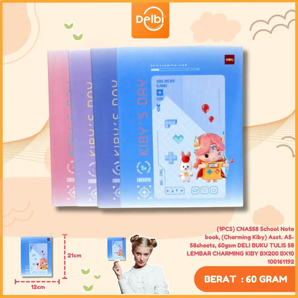[100161192] (1PCS) CNA558 School Notebook, (Charming Kiby) Asst. A5-58sheets, 60gsm DELI BUKU TULIS 58 LEMBAR CHARMING KIBY BX200 BX10