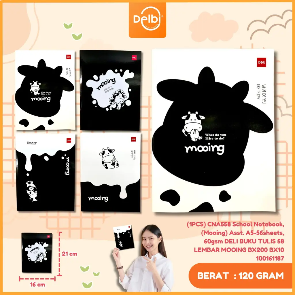(1PCS) CNA558 School Notebook, (Mooing) Asst. A5-56sheets, 60gsm DELI BUKU TULIS 58 LEMBAR MOOING BX200 BX10