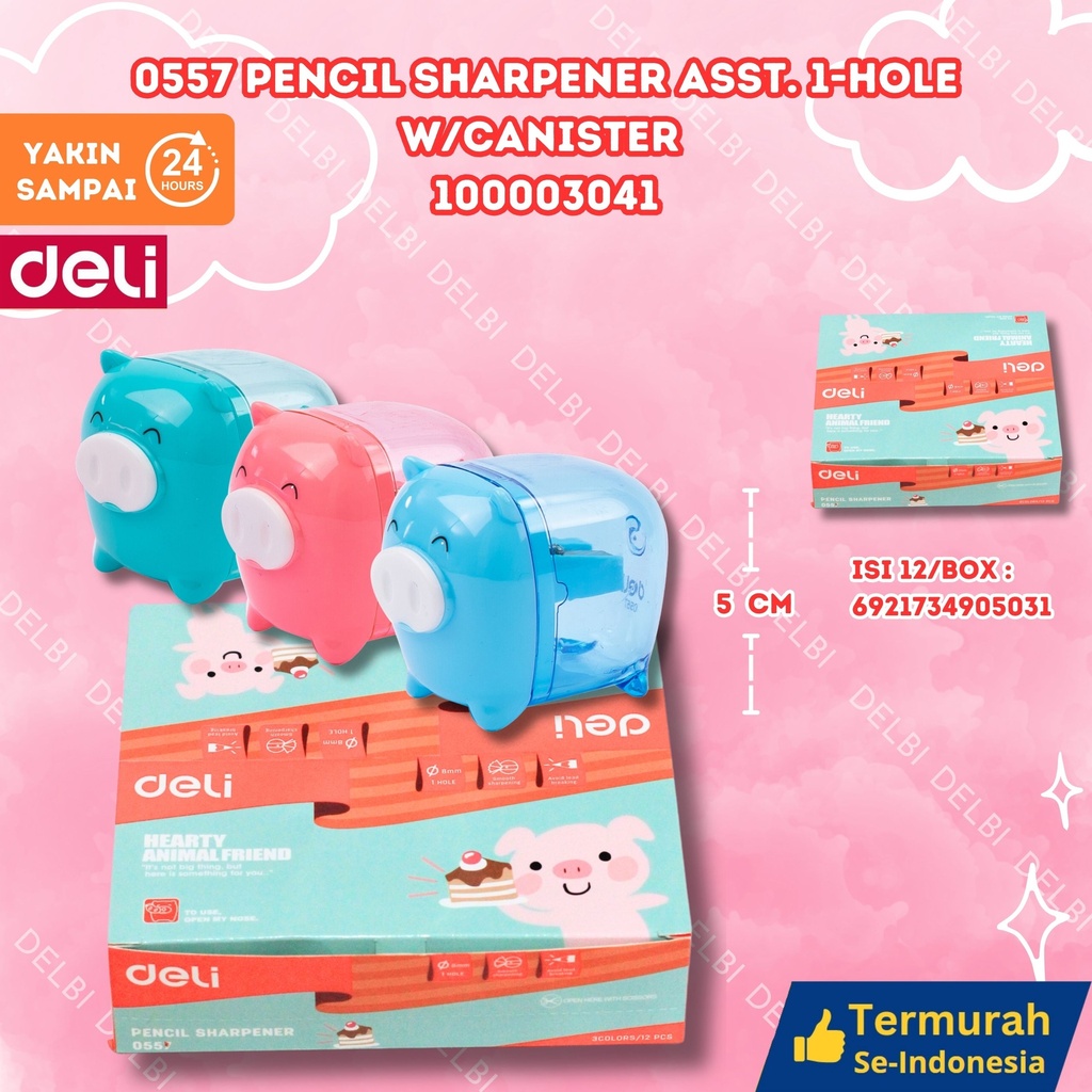 [100003041] 0557 Pencil Sharpener ASST. 1-hole w/canister DELI RAUTAN PENSIL BX480 BX12