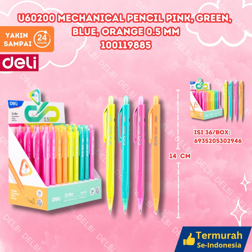 U60200 Mechanical Pencil Pink, green, yellow, orange 0.5mm DELI WARNA WARNI BLUE GREEN PINK PENSIL ABADI BX288 BX36 BX3 BX1152