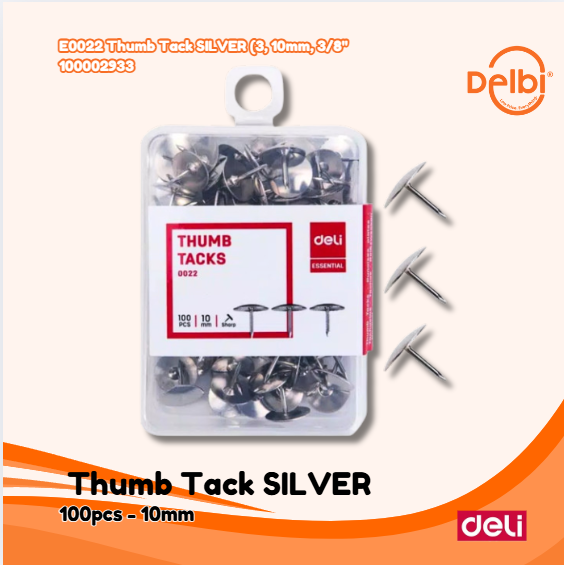 DELI E0022 Thumb Tack SILVER (3, 10mm, 3/8'' BX10