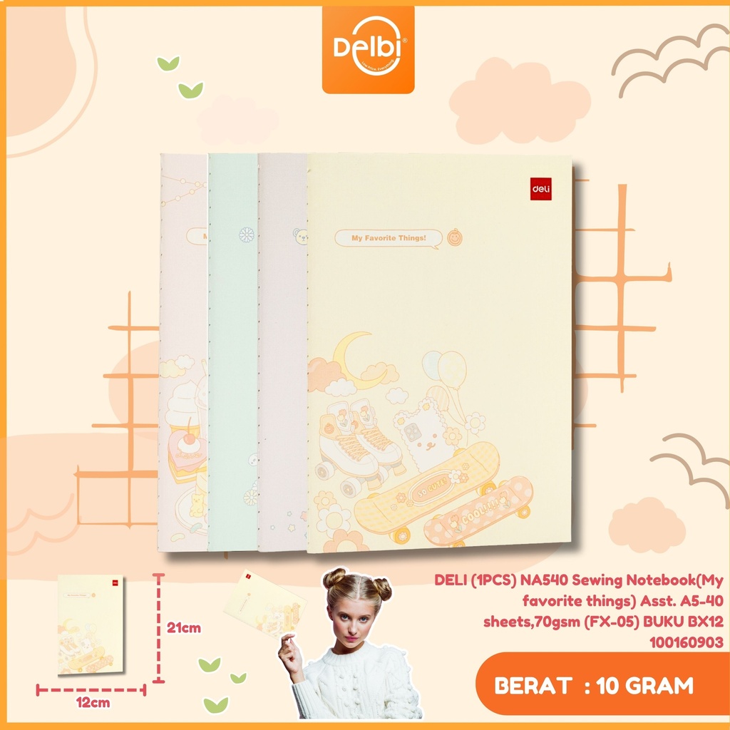 [100160903] DELI (1PCS) NA540 Sewing Notebook(My favorite things) Asst. A5-40 sheets,70gsm (FX-05) BUKU BX12