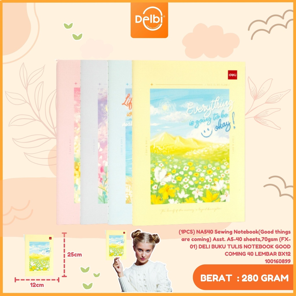 (1PCS) NA540 Sewing Notebook(Good things are coming) Asst. A5-40 sheets,70gsm (FX-01) DELI BUKU TULIS NOTEBOOK GOOD COMING 40 LEMBAR BX12