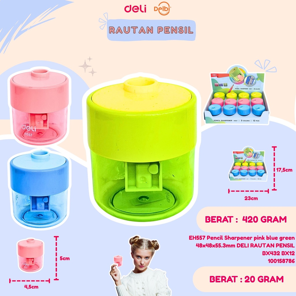 EH557 Pencil Sharpener pink blue green 48x48x55.3mm DELI RAUTAN PENSIL BX432 BX12