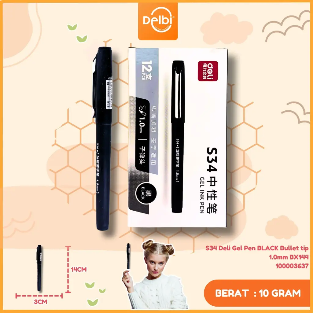 S34 Deli Gel Pen BLACK Bullet tip 1.0mm BX144