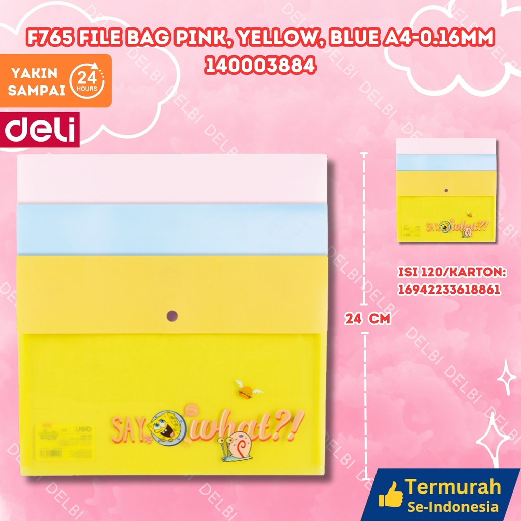 DELI F765 File Bag Pink, Yellow, Blue A4-0.16mm MAP BX120 BX10 BX480