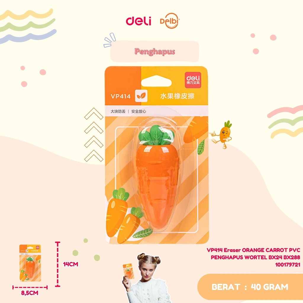 DELI VP414 Eraser ORANGE CARROT PVC PENGHAPUS WORTEL BX24 BX288