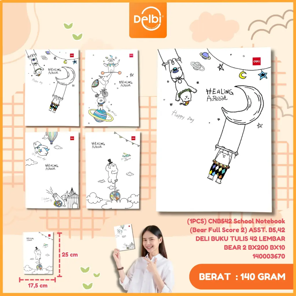 (1PCS) CNB542 School Notebook (Bear Full Score 2) ASST. B5,42 DELI BUKU TULIS 42 LEMBAR BEAR 2 BX200 BX10