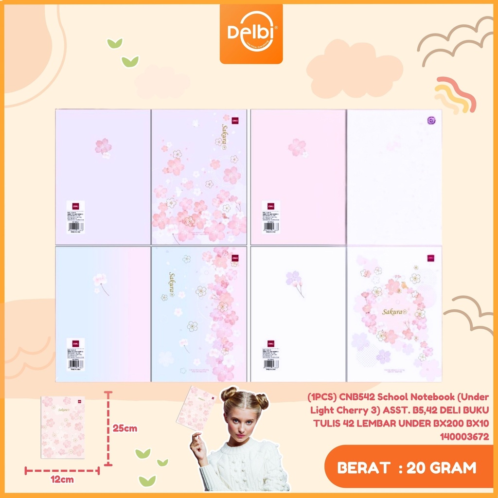 [140003672] (1PCS) CNB542 School Notebook (Under Light Cherry 3) ASST. B5,42 DELI BUKU TULIS 42 LEMBAR UNDER BX200 BX10