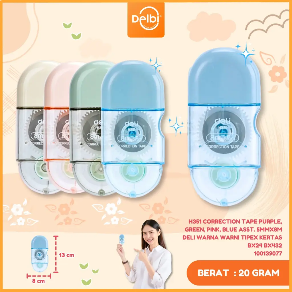 H351 Correction Tape Purple, green, pink, blue asst. 5mmx8m DELI WARNA WARNI TIPEX KERTAS BX24 BX432