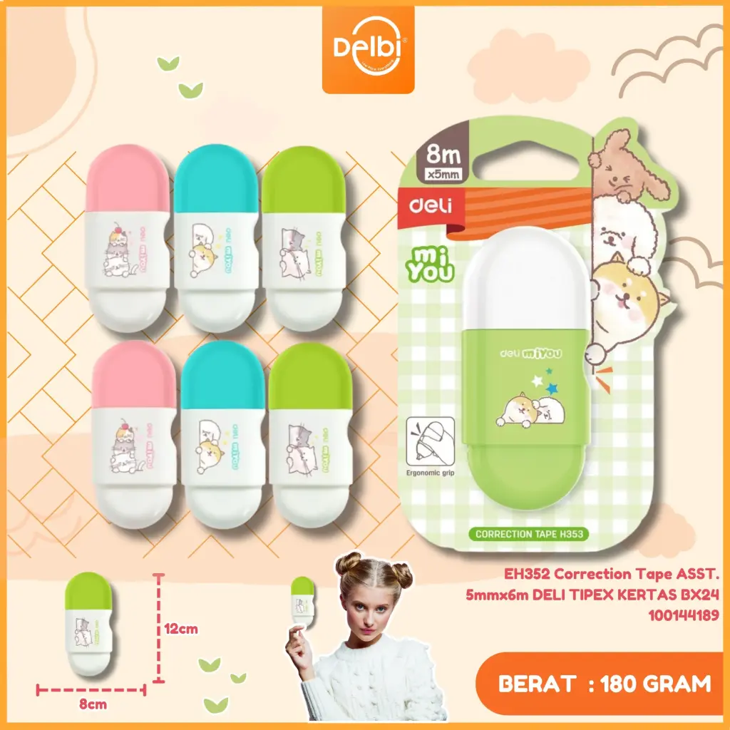 [100144189] EH352 Correction Tape ASST. 5mmx6m DELI TIPEX KERTAS BX24