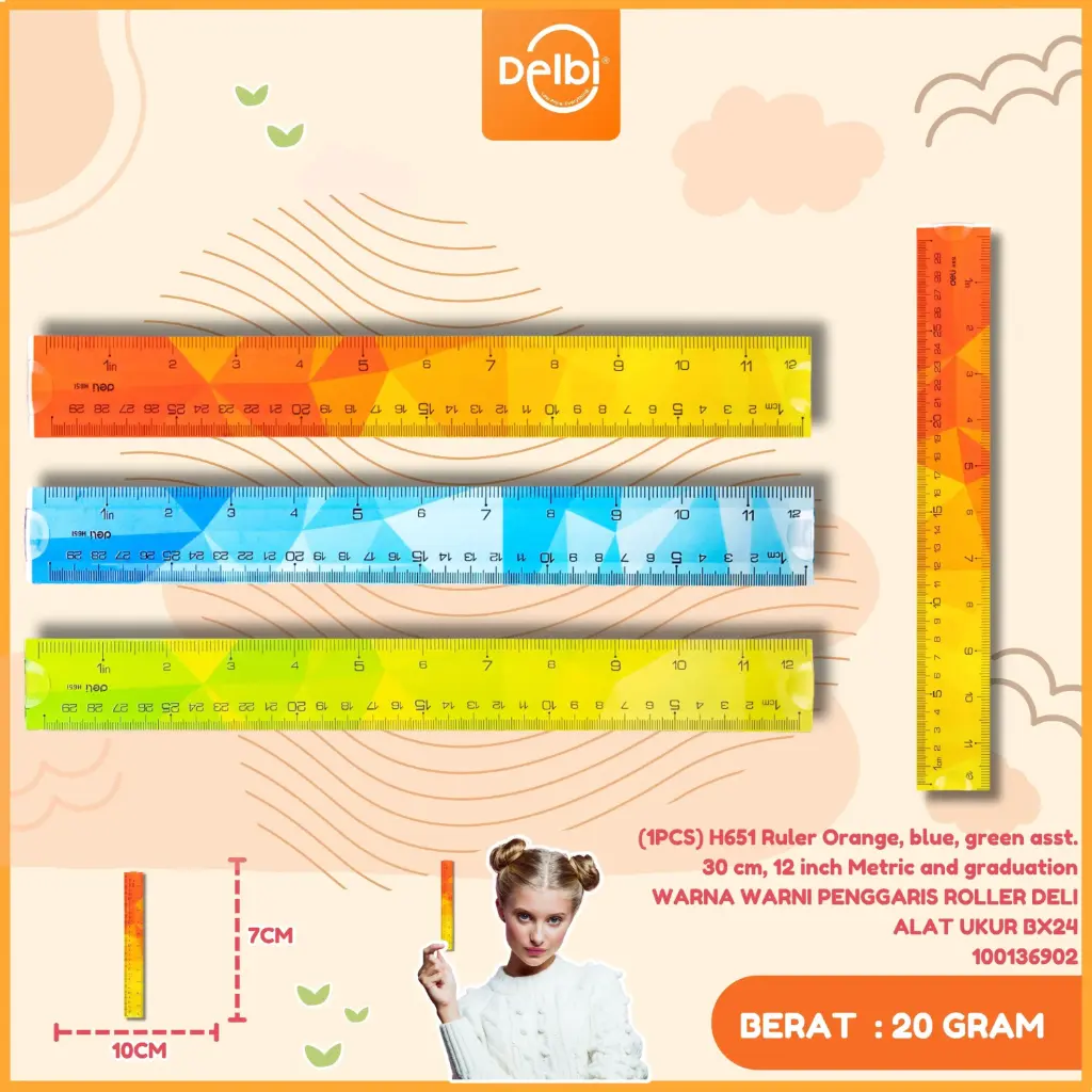 (1PCS) H651 Ruler Orange, blue, green asst. 30 cm, 12 inch Metric and graduation WARNA WARNI PENGGARIS ROLLER DELI ALAT UKUR BX24