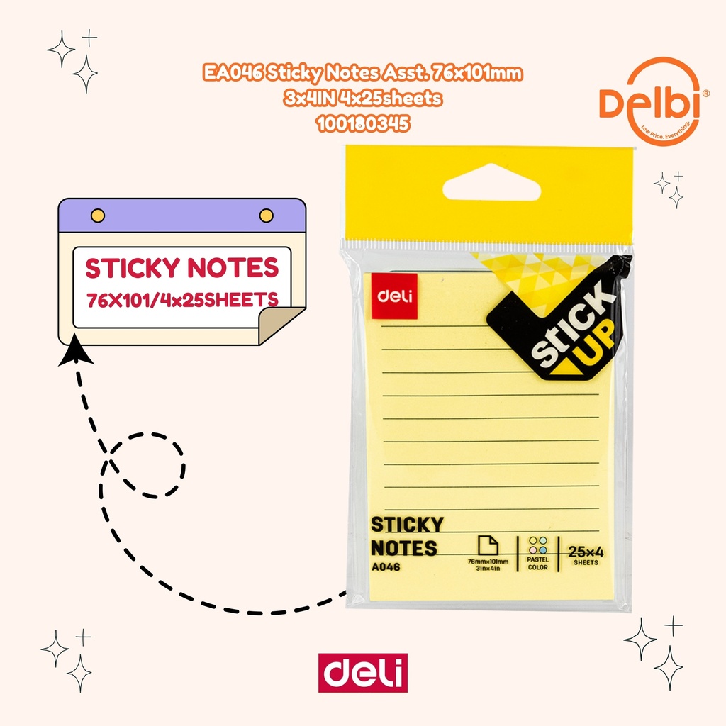 [100180345] DELI EA046 Sticky Notes Asst. 76x101mm 3x4IN 4x25sheets BX12