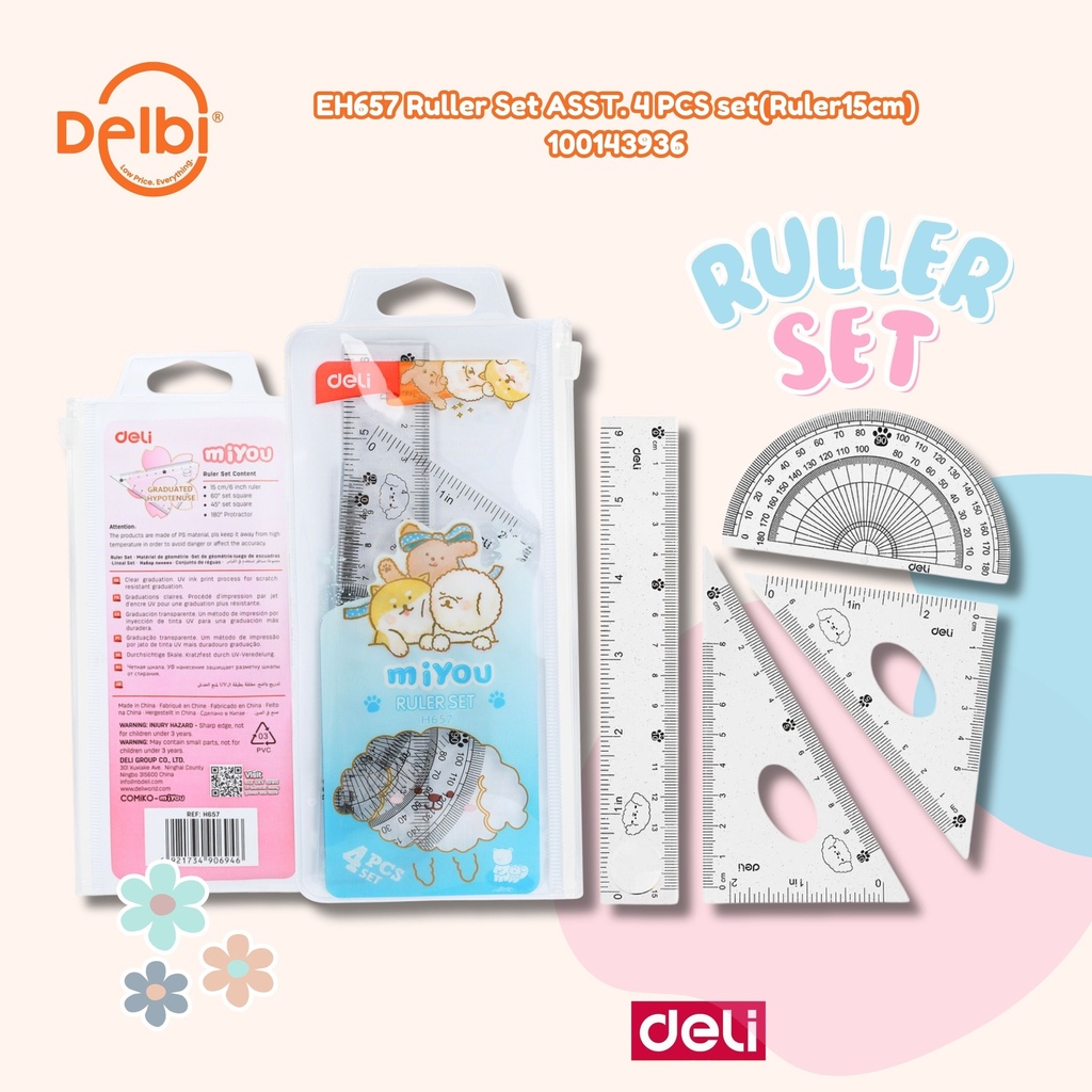 DELI EH657 Ruler Set ASST. 4 PCS set(Ruler15cm) PENGGARIS BX24 BX288