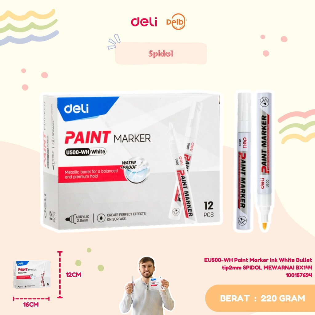 [100157694] DELI EU500-WH Paint Marker Ink White Bullet tip2mm SPIDOL MEWARNAI BX144
