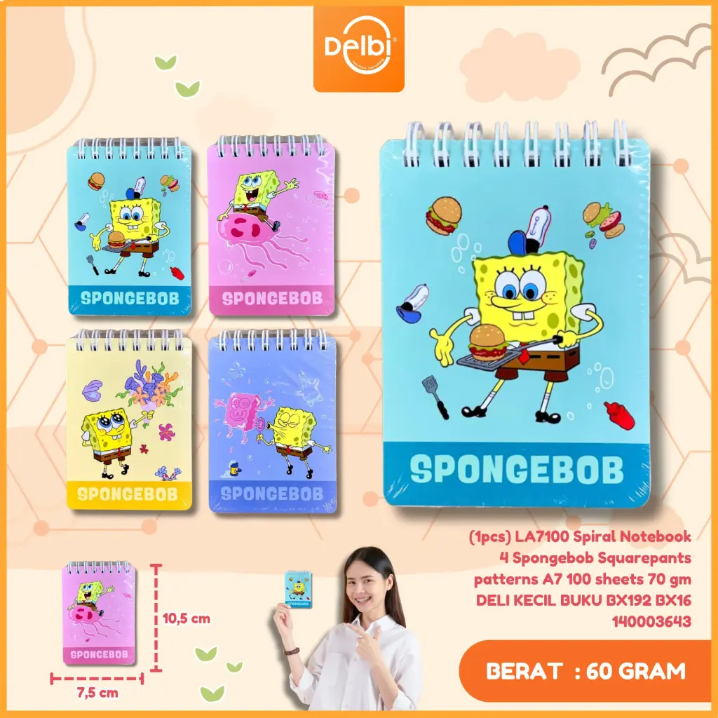 (1pcs) LA7100 Spiral Notebook 4 Spongebob Squarepants patterns A7 100 sheets 70 gm DELI KECIL BUKU BX192 BX16