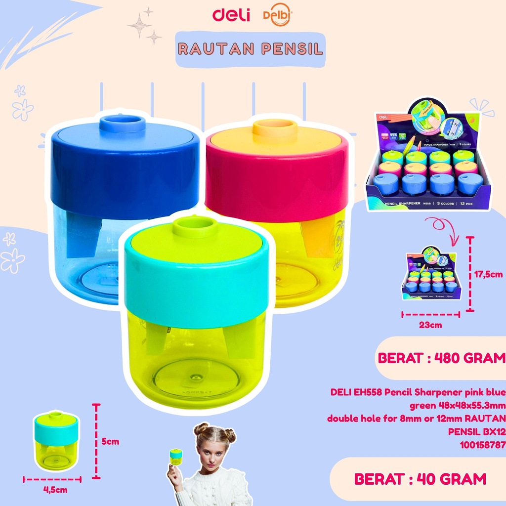 DELI EH558 Pencil Sharpener pink blue green 48x48x55.3mm
double hole for 8mm or 12mm RAUTAN PENSIL BX12