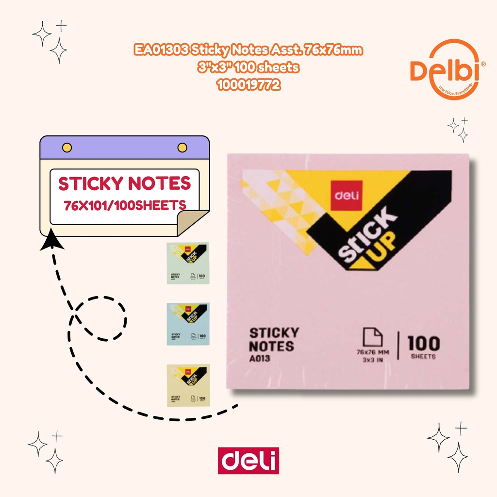 EA01303 Sticky Notes Asst. 76x76mm 3''x3'' 100 sheets DELI STIKER KERTAS CATATAN BX12