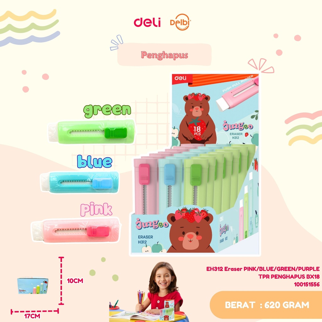 [100151556] DELI EH312 Eraser PINK/BLUE/GREEN/PURPLE TPR PENGHAPUS BX18