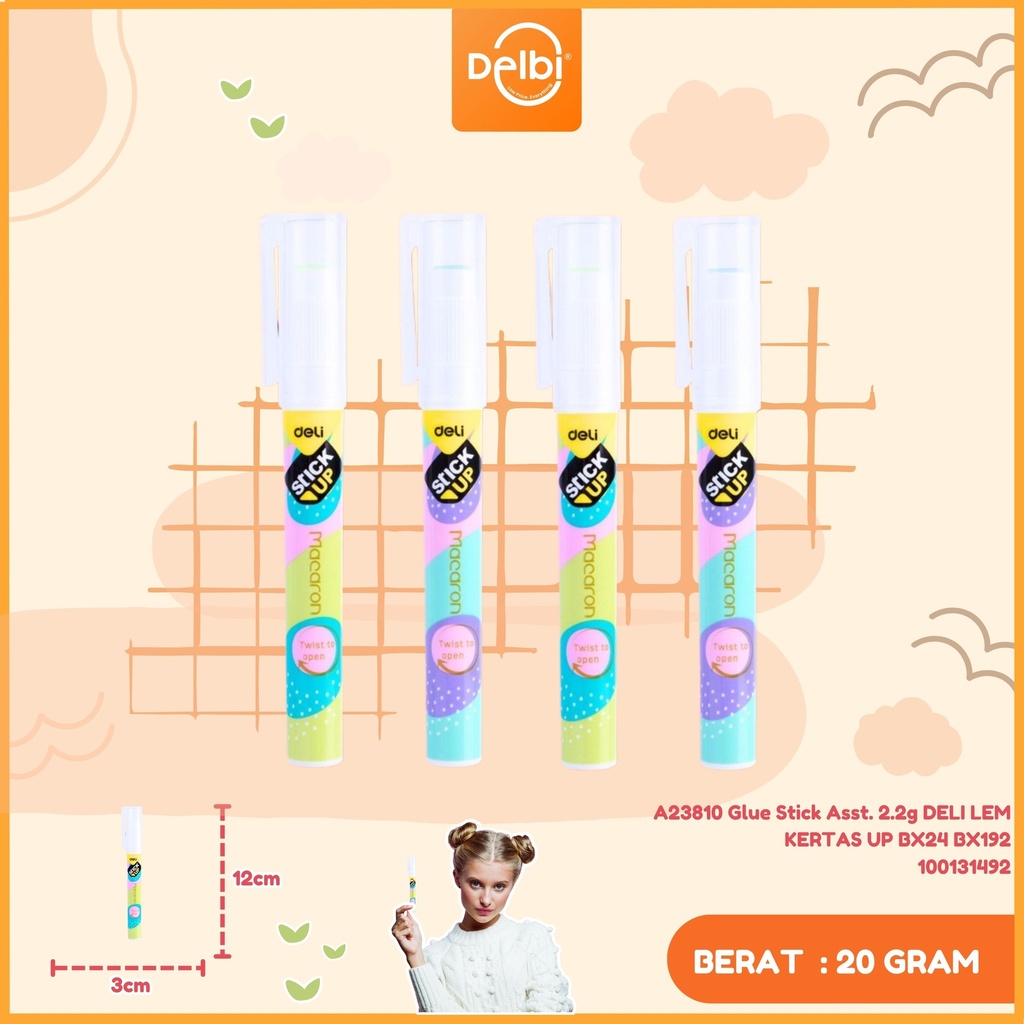 A23810 Glue Stick Asst. 2.2g DELI LEM KERTAS UP BX24 BX192