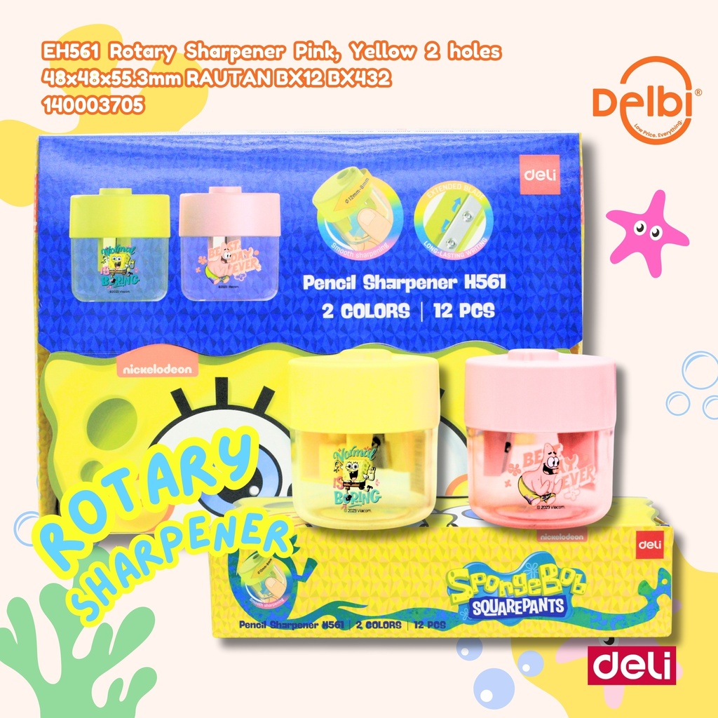 [140003705] DELI EH561 Rotary Sharpener Pink, Yellow 2 holes 48x48x55.3mm RAUTAN BX12 BX432