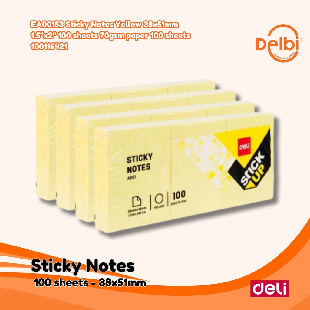 DELI EA00153 Sticky Notes Yellow 38x51mm 1.5''x2'' 100 sheets 70gsm paper BX4