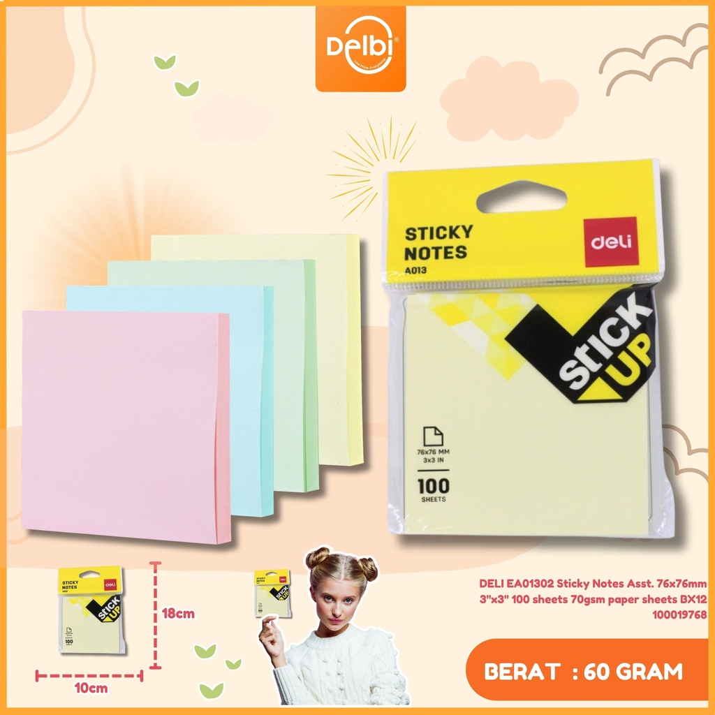 DELI EA01302 Sticky Notes Asst. 76x76mm 3''x3'' 100 sheets 70gsm paper sheets BX12