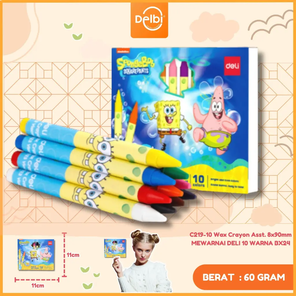C219-10 Wax Crayon Asst. 8x90mm MEWARNAI DELI 10 WARNA BX24