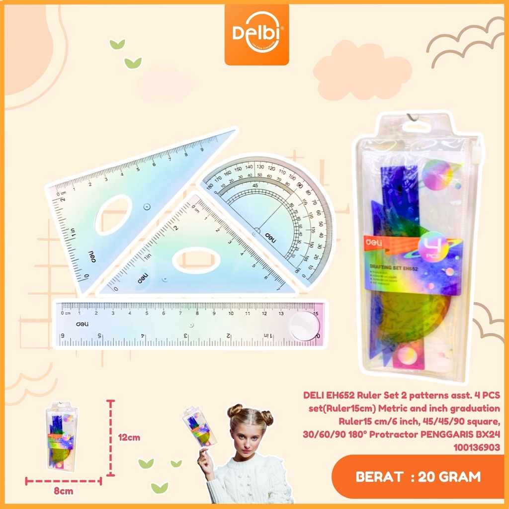 DELI EH652 Ruler Set 2 patterns asst. 4 PCS set(Ruler15cm) Metric and inch graduation Ruler15 cm/6 inch, 45/45/90 square, 30/60/90 180° Protractor PENGGARIS BX24