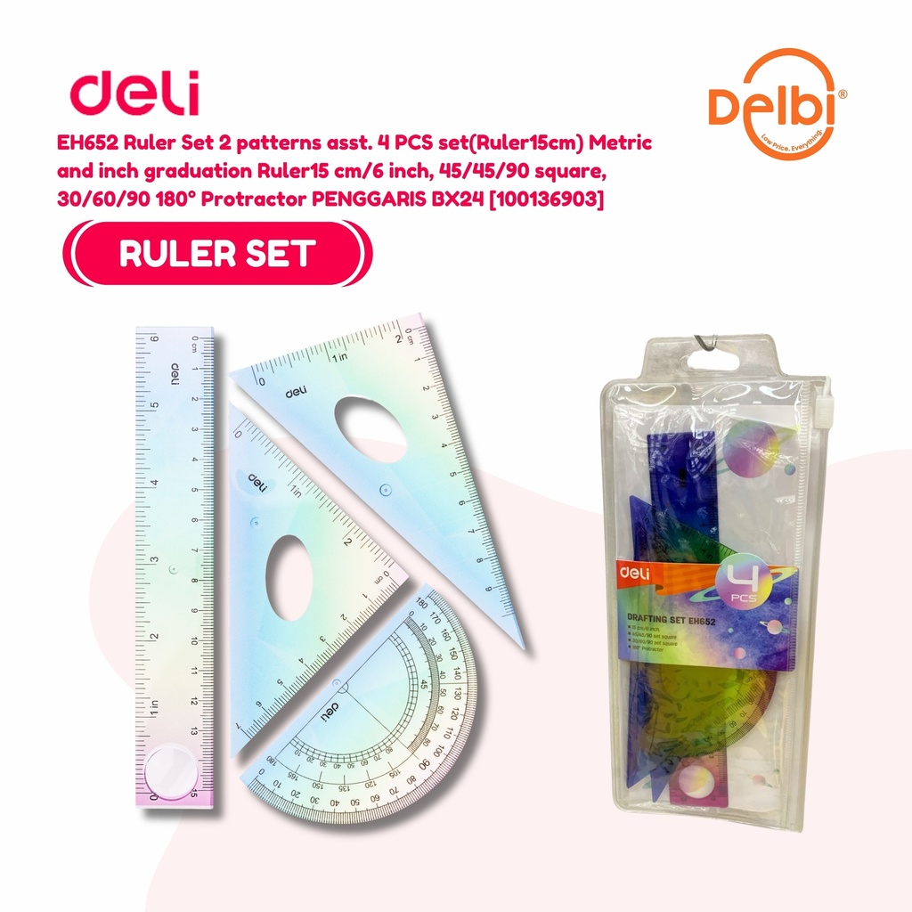 DELI EH652 Ruler Set 2 patterns asst. 4 PCS set(Ruler15cm) Metric and inch graduation Ruler15 cm/6 inch, 45/45/90 square, 30/60/90 180° Protractor PENGGARIS BX24